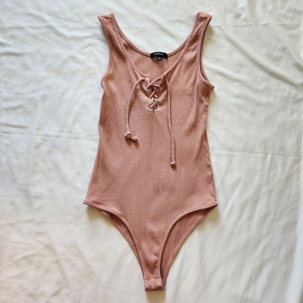 Ambiance Pink Ribbed Lace-Up Bodysuit - Size Large